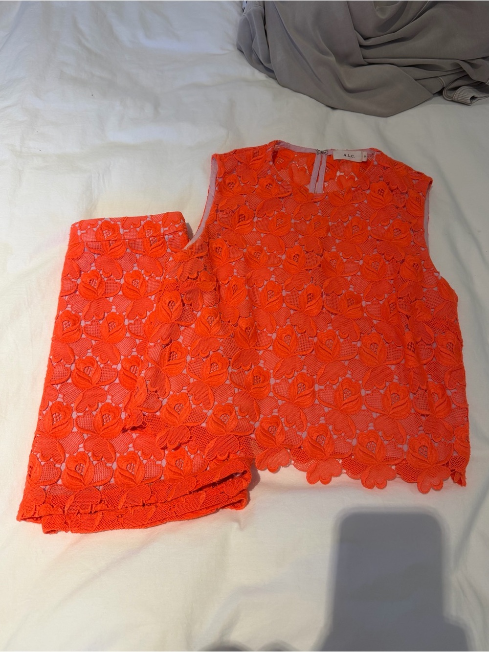 A.L.C. Neon Orange Floral Lace Camisole & Skirt Set